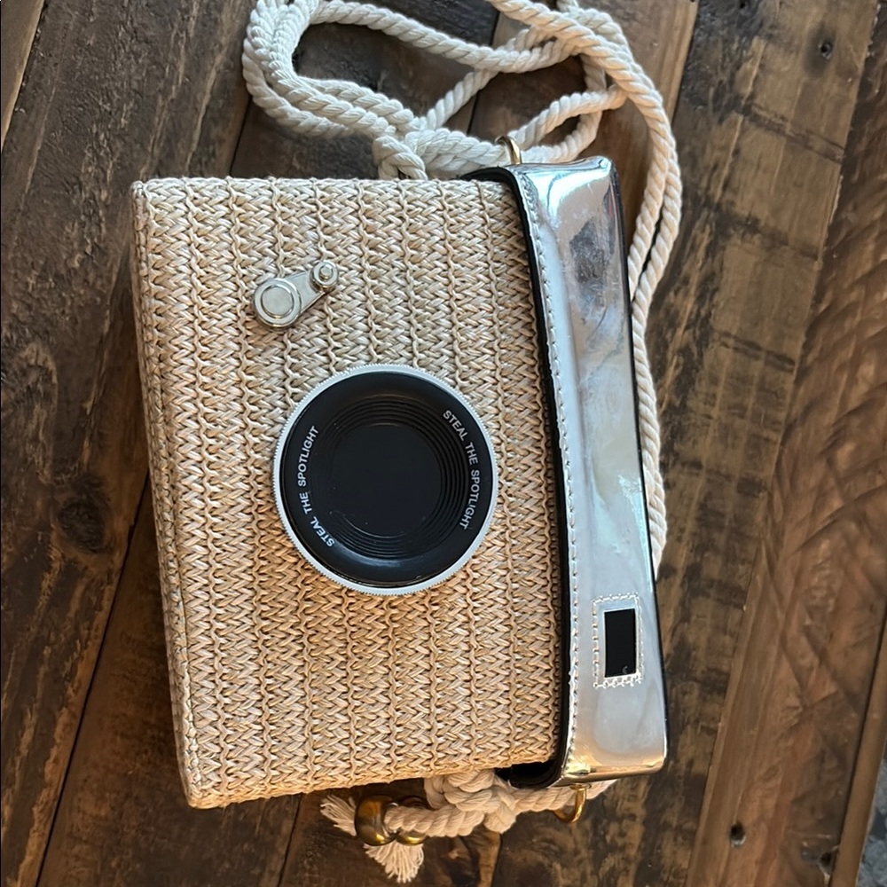 Woven Camera-Shaped Crossbody Bag with Silver Accents